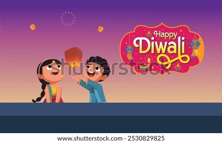 Happy Diwali Poster with Indian Kids Flying Lanterns Vector Illustration. Indian festival of lights Design.