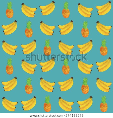 High Resolution Oil pastel textured banana and pineapple seamless pattern. Hand drawn and digitalized for a cute pattern with a summer and tropical feel.