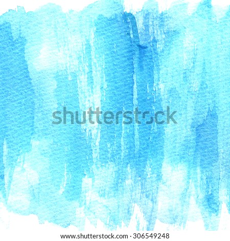 Bright blue watercolor texture image on white paper background. Brush strokes texture.