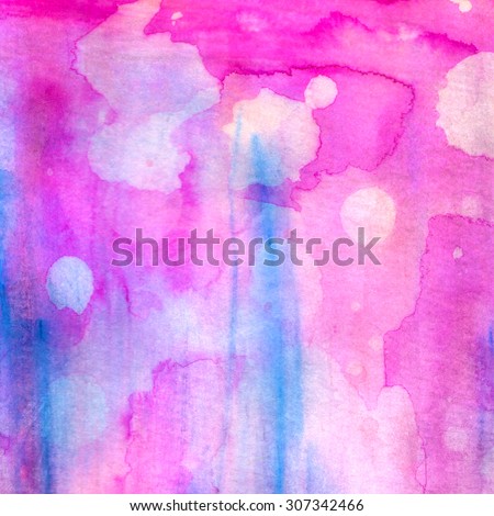 Vivid watercolor abstract art. Bright purple magenta overlaid on blue and red paint strokes. Ink strokes, splashes and drops.
