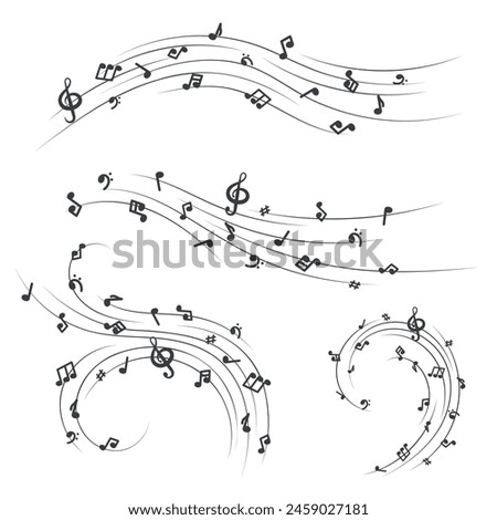 set of monochrome compositions with musical notes and Treble clef