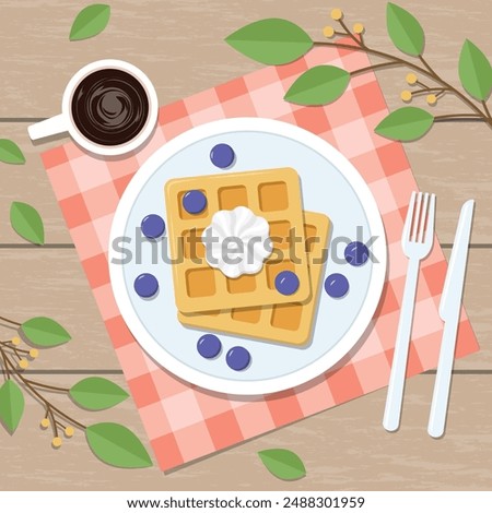 Waffle and Coffee for Breakfast Illustration on Top of Wooden Table with Twigs of Green Leaves. Vector Illustration Breakfast Menu Top View