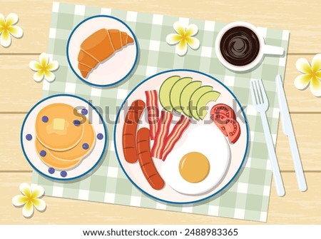 
Breakfast menu illustration with fried egg, sausages, bacons, avocados, tomatoes, pancakes, croissant, and coffee on a wooden table and flower decoration. Vector  illustration appetizing breakfast.