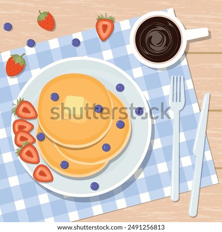 Pancake and Coffee for Breakfast and Fruits Decoration on Top of Wooden Table From Top View