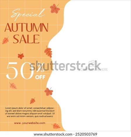 Autumn sale discount in yellow theme with leaves and image placement on the right. Vector illustration template for social media promotion.