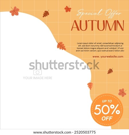 Autumn sale discount in yellow theme with autumn leaves and image placement on the left. Vector illustration template for social media promotion.