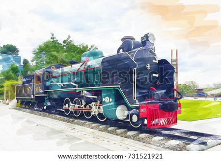 vintage steam train in Thailand (watercolor painting style),wallpaper,background
