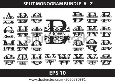 Alphabet Split Monogram, Split Letter Monogram, Alphabet Frame Font. Laser cut template. Initial letters of the monogram.