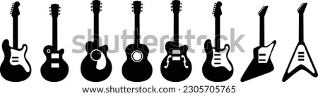 Black and white guitars. Acoustic and electric guitar outline musical instruments Vector isolated silhouette guitared doodle set