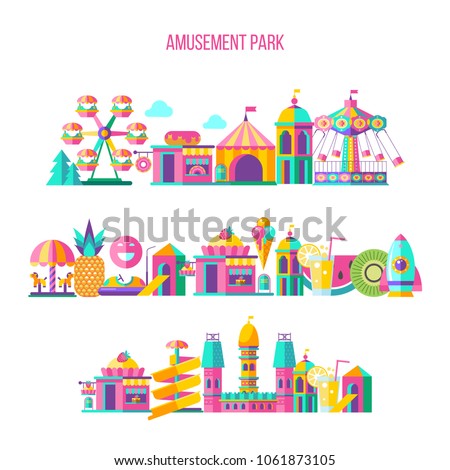 Amusement Park, theme Park, water Park. A large set of carousel icons, water slides, fun on vacation and weekends for the whole family. Vector illustration.