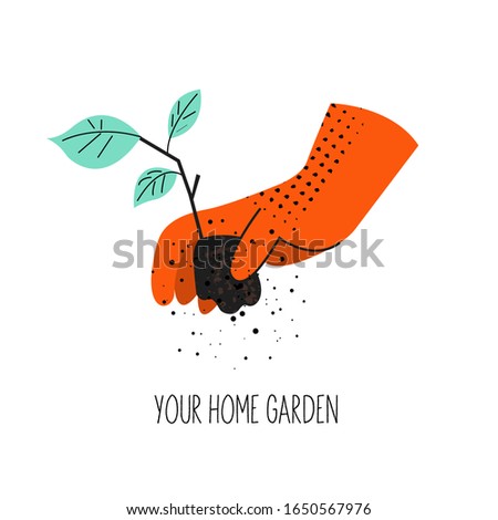 A hand in an orange protective glove holds a seedling. Vector illustration on a white background.