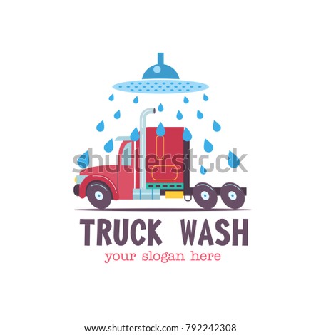 Emblem truck car wash. Vector illustration in cartoon style. The truck in the water droplets  on the wash.