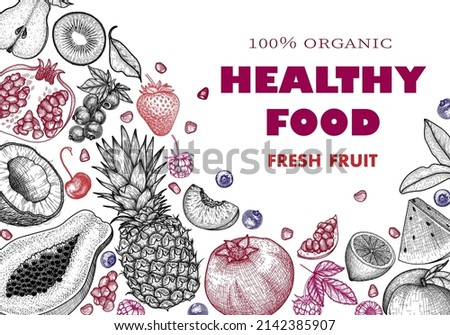 Vector banner template with fruits and berries in engraving style. Graphic linear watermelon, pineapple, currant, strawberry, peach, raspberry, pear, pomegranate, kiki, coconut, papaya, blueberry