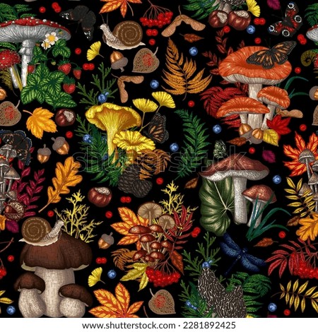 Seamless pattern with mushrooms, plants, insects, berries. Fly agaric, chanterelles, white mushroom, honey agaric, boletus, morel, russula, snail, strawberry, fern, butterflies, dragonfly