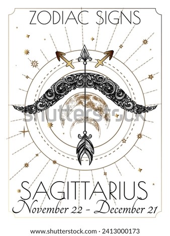 Vector illustration of zodiac signs. Sagittarius in white and gold colors in engraving style