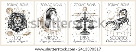 Vector set of the 4 second zodiac signs. Gold on a white background. Leo, Virgo, Libra, Scorpio