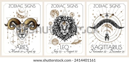 Vector illustration of zodiac signs card. Signs of the element of fire. Aries, Leo, Sagittarius. Gold on a white background in engraving style