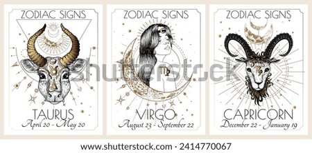 Vector illustration of zodiac signs card. Earth signs: Taurus, Virgo and Capricorn. Gold on a white background in engraving style	