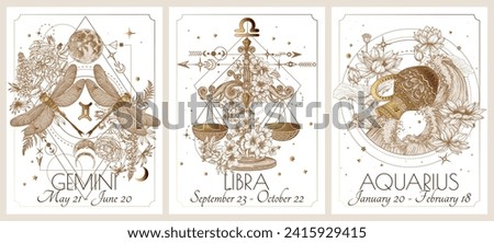 Vector illustration of zodiac in flowers signs card. Air signs: Gemini, Libra and Aquarius. Gold on a white background in engraving style