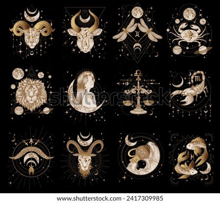 Vector set of zodiac signs on geometric patterns. Aries, Taurus, Gemini, Cancer, Leo, Virgo, Libra, Scorpio, Sagittarius, Capricorn, Aquarius, Libra