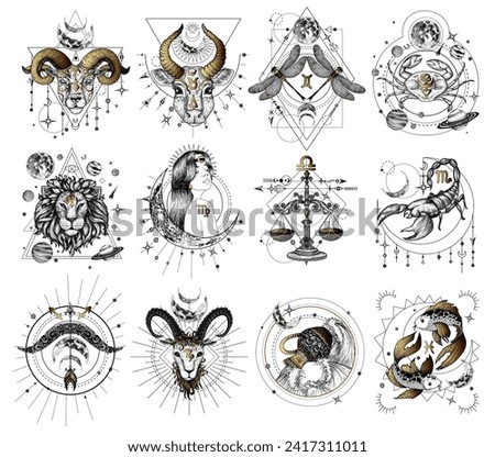 Vector collection of zodiac signs on geometric patterns. Aries, Taurus, Gemini, Cancer, Leo, Virgo, Libra, Scorpio, Sagittarius, Capricorn, Aquarius, Libra