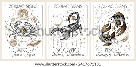 Vector illustration of zodiac signs card. Water signs: Cancer, Scorpio and Pisces. Gold on a white background in engraving style	