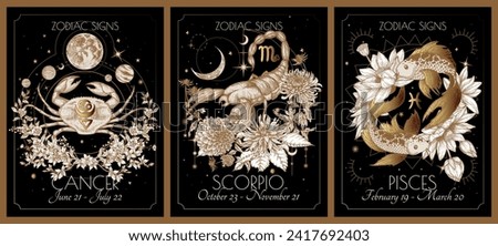 Vector illustration of zodiac in flowers signs card. Water signs: Cancer, Scorpio and Pisces. Gold on a black background in engraving style