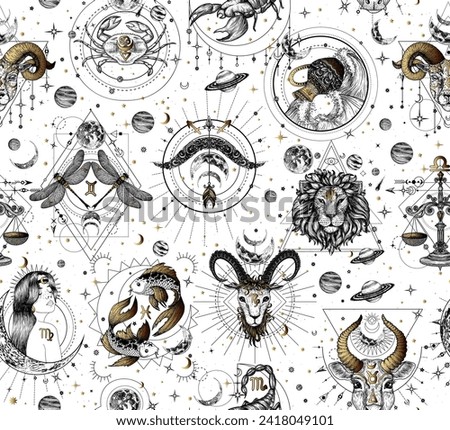 Seamless vector pattern zodiac signs.  Aries, Taurus, Gemini, Cancer, Leo, Virgo, Libra, Scorpio, Sagittarius, Capricorn, Aquarius, Pisces. Black white with gold