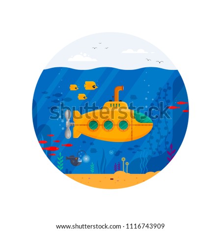 Yellow submarine with periscope underwater concept in circle. Marine life with fish, coral, seaweed, colorful blue ocean landscape. Bathyscaphe template - flat vector illustration