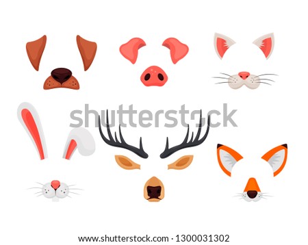 Animal faces set with ears and noses isolated on white background. Video chat effects and selfie filters. Funny masks of dog, pig, cat, rabbit, deer and fox - vector illustration