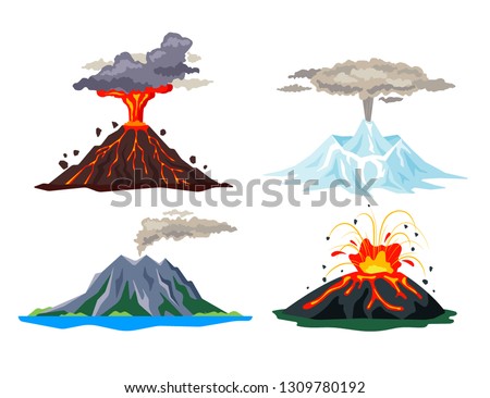 Volcano eruption set with magma, smoke, ashes isolated on white background. Volcanic activity hot lava eruption, sleeping and erupting volcanoes - flat vector illustration