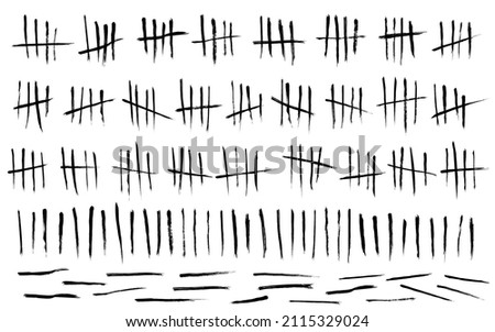 Tally mark. Prison counting lines set, black slash scratches on the wall. Hand drawn crossed out tally marks, jail grunge outline numbers on white background, vector illustration.