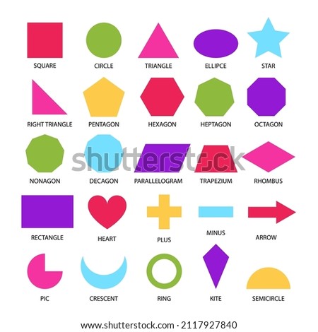 Basic shapes geometric form collection for primary school or preschool. Colored kids geometry figures for learning, children education, educational set on white background.