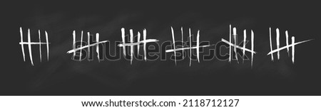 Tally mark. Prison counting lines set, black slash scratches on the wall. Hand drawn crossed out tally marks, jail grunge outline numbers on white background, vector illustration. Foto d'archivio © 