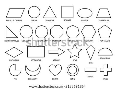 Basic shapes geometric form collection for primary school or preschool. Outline kids geometry figures for learning, children education, educational set on white background