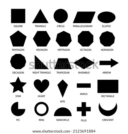 Basic shapes geometric form collection for primary school or preschool. Black kids geometry figures for learning, children education, educational set on white background