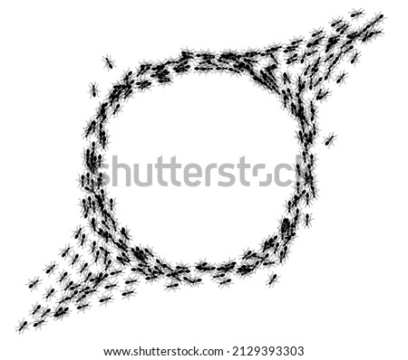 Ants trail circle frame, line of working ants on white background. Groups of insect marching or walking down the road. Insect colony, control disinfection, vector illustration
