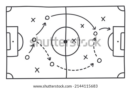 Soccer strategy field, football game tactic drawing on chalkboard. Hand drawn soccer game scheme, learning diagram with arrows and players on board, sport plan outline vector illustration