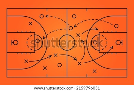 Basketball strategy field, game tactic chalkboard template. Hand drawn basketball game scheme, learning orange board, sport plan vector illustration.