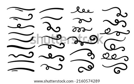 Swish doodle underline set. Hand drawn swoosh elements, calligraphy swirl or sport swoop text tails, Swash decorative strokes on white background, vector illustration.