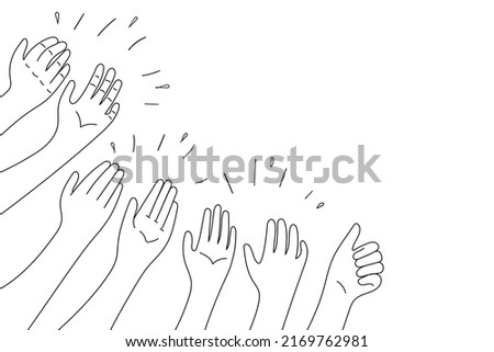 Applause hands set on doodle style. Human hands sketch, scribble arms wave clapping on white background, thumb up gesture silhouette, vector illustration.