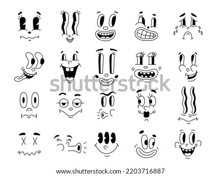 Retro 30s characters mascot, comic faces expression of the 50s, 60s. Quirky eyes and mouths cartoon animation in funny style, vintage avatars vector background.