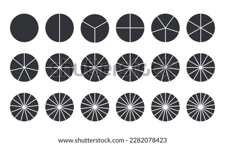 Circles divided into parts from 1 to 18. Black round chart for infographic, pie portion or pizza slice. Wheel division into fractions, circular shape sectors on white background.