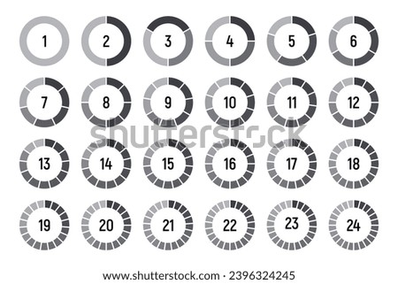 Circles divided into parts from 1 to 24. Black round chart for infographic, pie portion or pizza slice. Wheel division into fractions, circular shape sectors on white background.