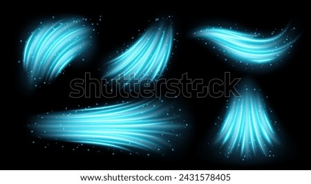 Air conditioner flow wind effect. Abstract light blue neon waves or 3d magic smoke. Breeze cold swirls isolated on white background, vector illustration