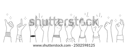 Applause hands set in doodle style. Human hands sketch, scribble arms raised in various gestures, including clapping, thumbs-up, and heart-finger symbols, on a white background, vector illustration