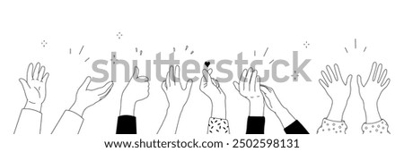 Applause hands set in doodle style. Human hands sketch with arms raised in gestures like clapping, thumbs-up and heart-finger symbols on a white background, vector illustration.