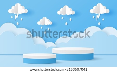 Paper cut of white and blue color cylinder podium for products display presentation with clouds, raindrops and lightning. Vector illustration