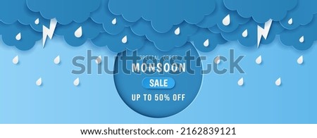 Paper cut of monsoon sale offer banner template with clouds, rain drop and  lightning on blue background. Vector illustration