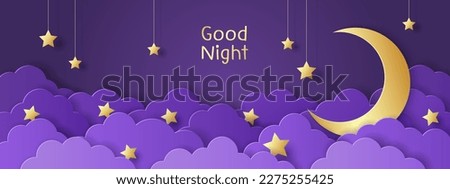 Paper cut of night clouds and crescent moon with stars on dark background. Sweet dream and Good night concept. Baby shower greeting card. Vector illustration. 